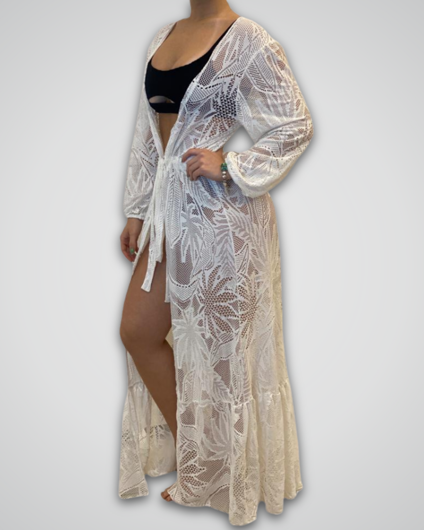 Long Beach Cover-up with Long White Lace Sleeve